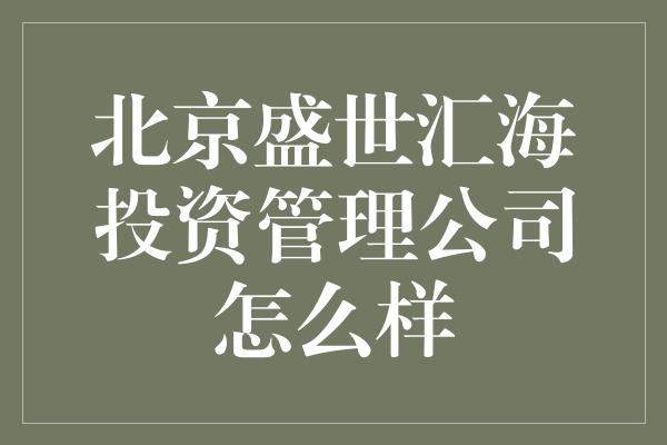 北京盛世汇海投资管理公司怎么样